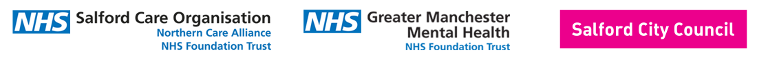 Logos for Salford Care Organisation NHS Foundation Trust, Greater Manchester Mental Health NHS Foundation Trust and Salford City Council
